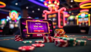 Mendaftar di depo 5k dana dengan smartphone di meja permainan slot yang cerah dan menarik.
