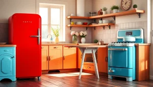 Showcase of colorful retro appliances in a vintage kitchen setting with a warm vibe.