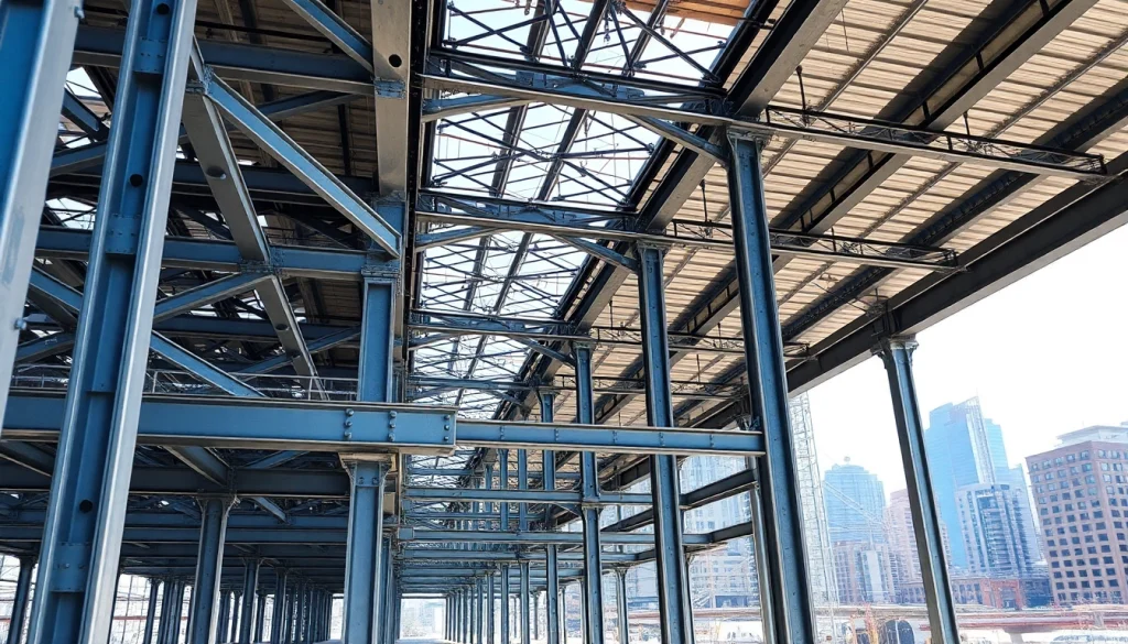 Visualize steel structure design emphasizing advanced architectural framework in an urban environment.