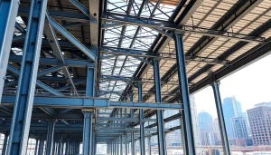 Visualize steel structure design emphasizing advanced architectural framework in an urban environment.
