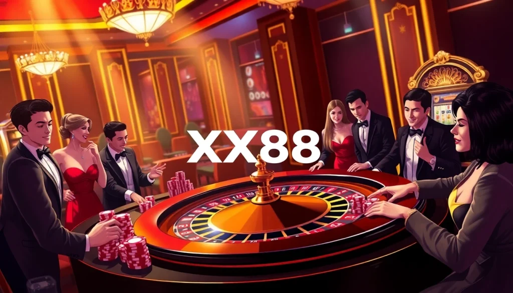 Engaged gamblers celebrating wins at the luxurious XX88 casino with vibrant games.