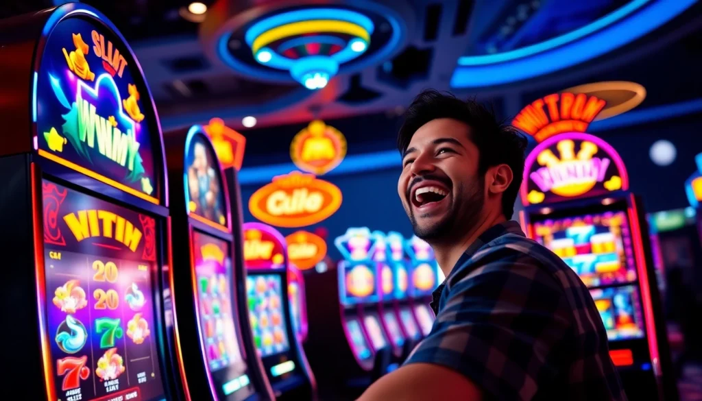 Experience the thrill of the winmy slot machine as players celebrate big wins at the casino.
