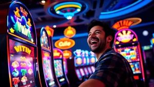 Experience the thrill of the winmy slot machine as players celebrate big wins at the casino.
