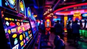 Permainan slot deposit 5000 yang menarik dengan mesin slot berwarna-warni di kasino yang ramai.