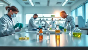 WIN55 research in a modern lab with scientists examining cannabinoid compounds.