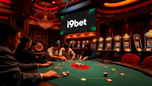 Players enjoying a vibrant poker game at i9bet casino, showcasing colorful chips and a spinning roulette wheel.