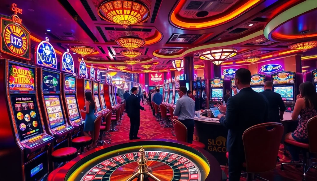 Engaging scene of Slot Gacor gaming with vibrant machines and excited players at a luxurious casino.