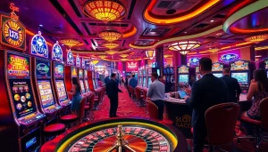 Engaging scene of Slot Gacor gaming with vibrant machines and excited players at a luxurious casino.