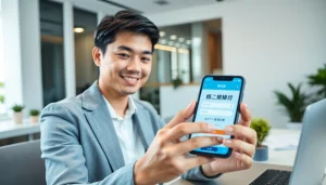 현대적인 사무실 환경에서 스마트폰으로 상품권소액결제를 이용하는 모습.