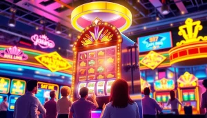 Menampilkan petanitoto yang menarik dengan mesin slot bersinar dan pemain yang excited.
