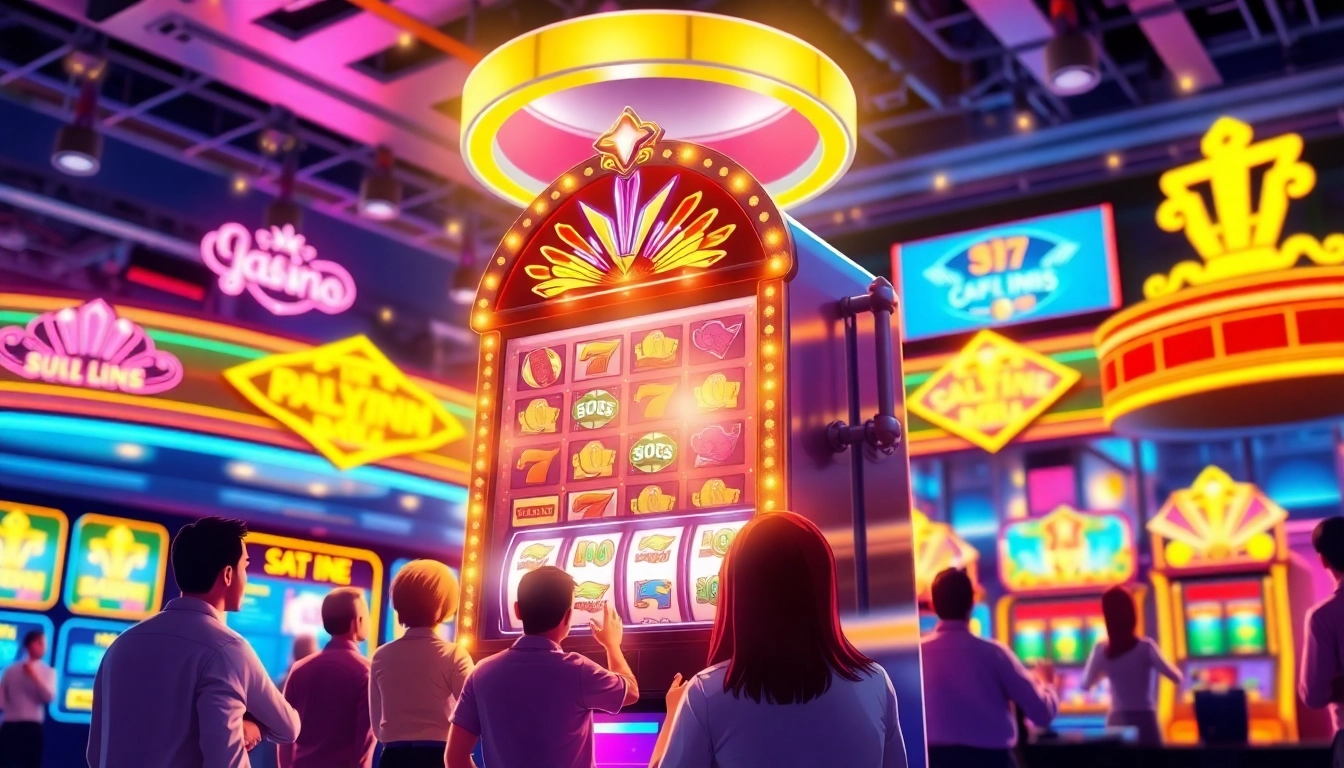 Menampilkan petanitoto yang menarik dengan mesin slot bersinar dan pemain yang excited.