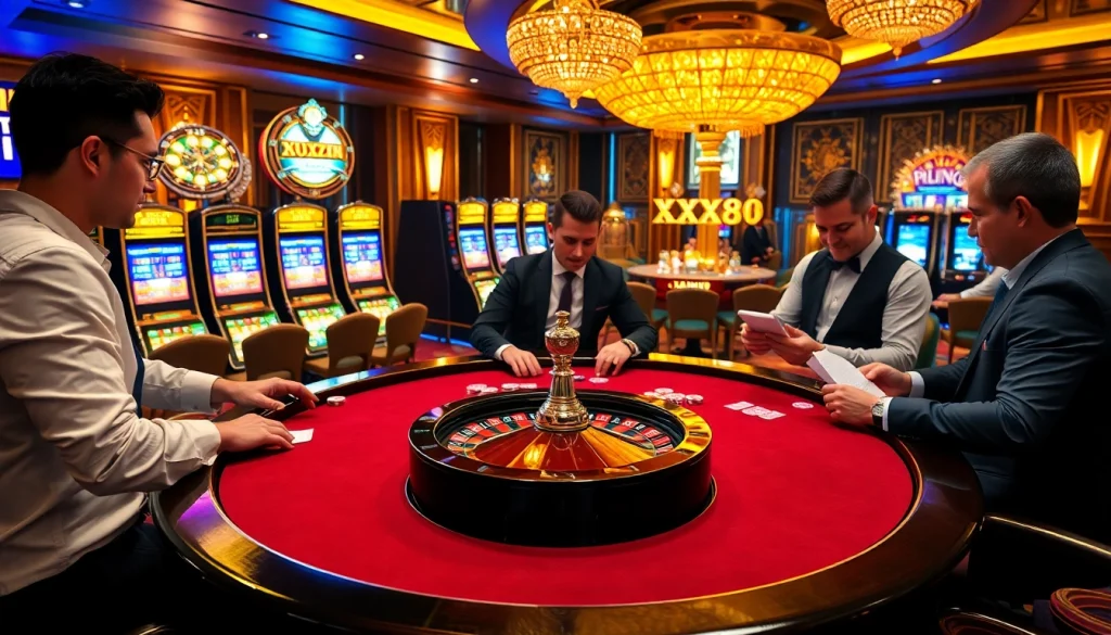 Excited players enjoying poker and roulette at XX88 casino, radiating luxury and thrill.