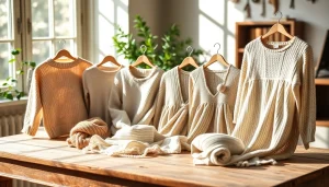 Showcase of handmade garments from https://www.ound-ound.com with natural textures and warm lighting.