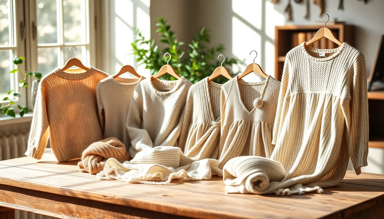 Showcase of handmade garments from https://www.ound-ound.com with natural textures and warm lighting.