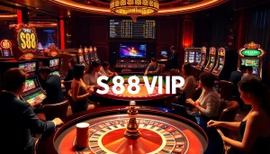 Experience the thrill of S88 VIP gaming with lively tables and vibrant slots in this luxurious casino setting.