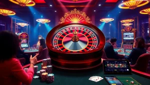 Players enjoy games at a luxurious casino scene emphasizing Nhà Cái Uy Tín for trusted betting experiences.
