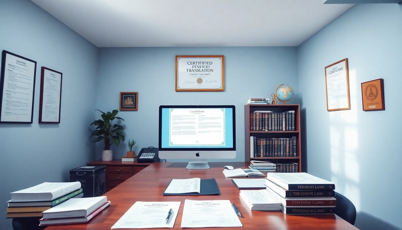 Professional setting showcasing beëdigde vertaling with a translator's desk and legal resources.