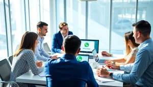 Engaged team collaborating on What is a CRM for WhatsApp in a modern office environment.