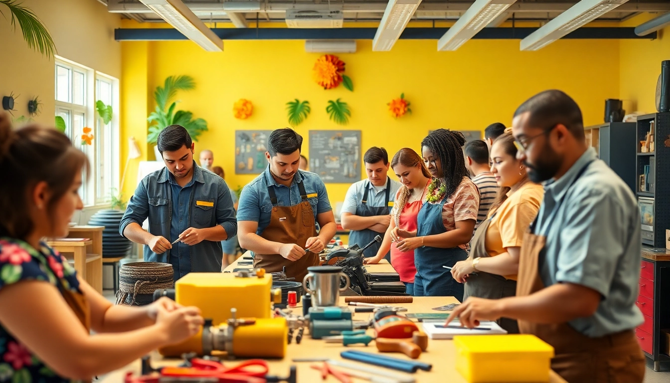 Students exploring hands-on learning at hawaii trade schools in a bright, collaborative environment.