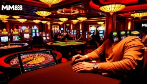 Experience thrilling casino action at MM88 with vibrant poker tables and engaging slot machines.