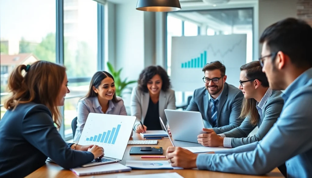 Team discussing innovative strategies for business growth insights in a dynamic workspace.