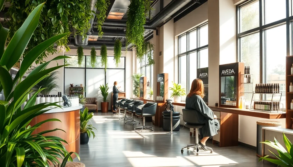 Best hair salon san diego showcasing a stylish interior with eco-friendly Aveda products and expert stylists.