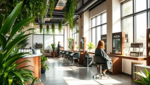 Best hair salon san diego showcasing a stylish interior with eco-friendly Aveda products and expert stylists.