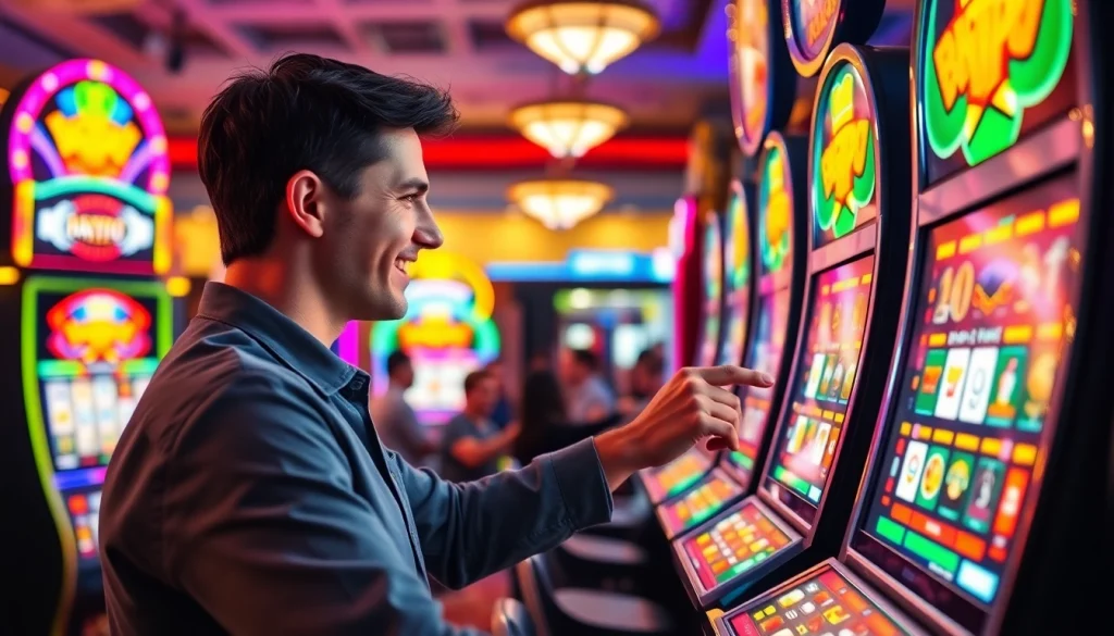 Permainan slot depo 1k menarik dengan pemain meraih jackpot di kasino ramai.