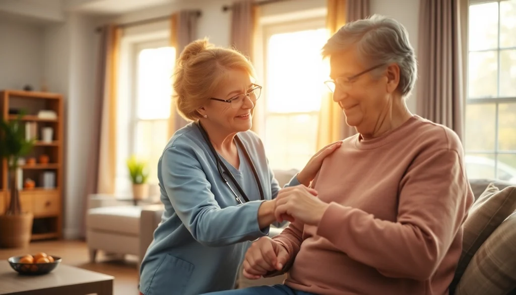 Caregiver providing in home care austin tx to a senior in a comfortable setting