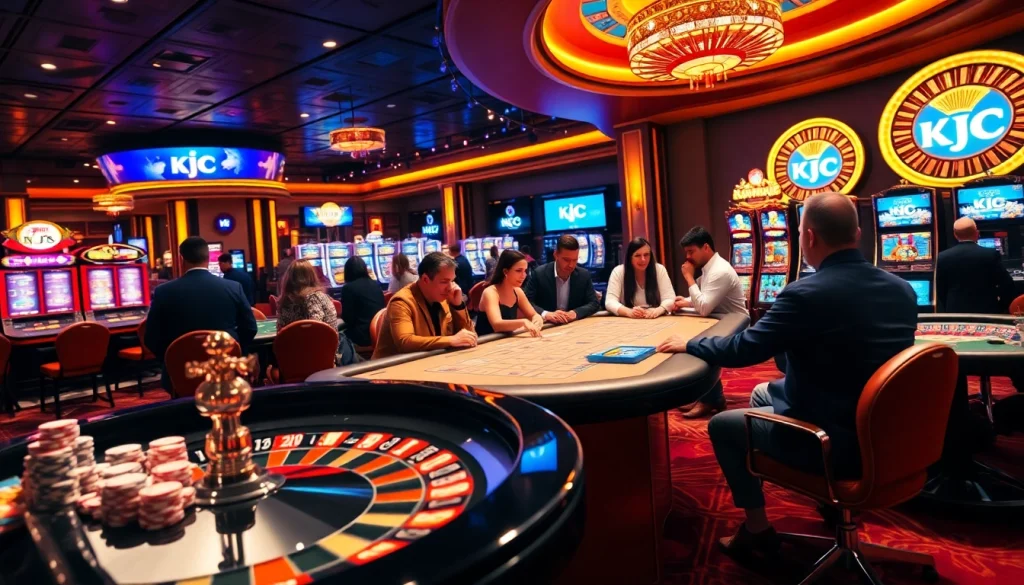 Engage with the thrill of KJC gaming at a luxurious casino featuring lively tables and vibrant slot machines.
