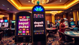 Adegan seru para pemain yang menang di mesin slot deposit pulsa di kasino mewah.