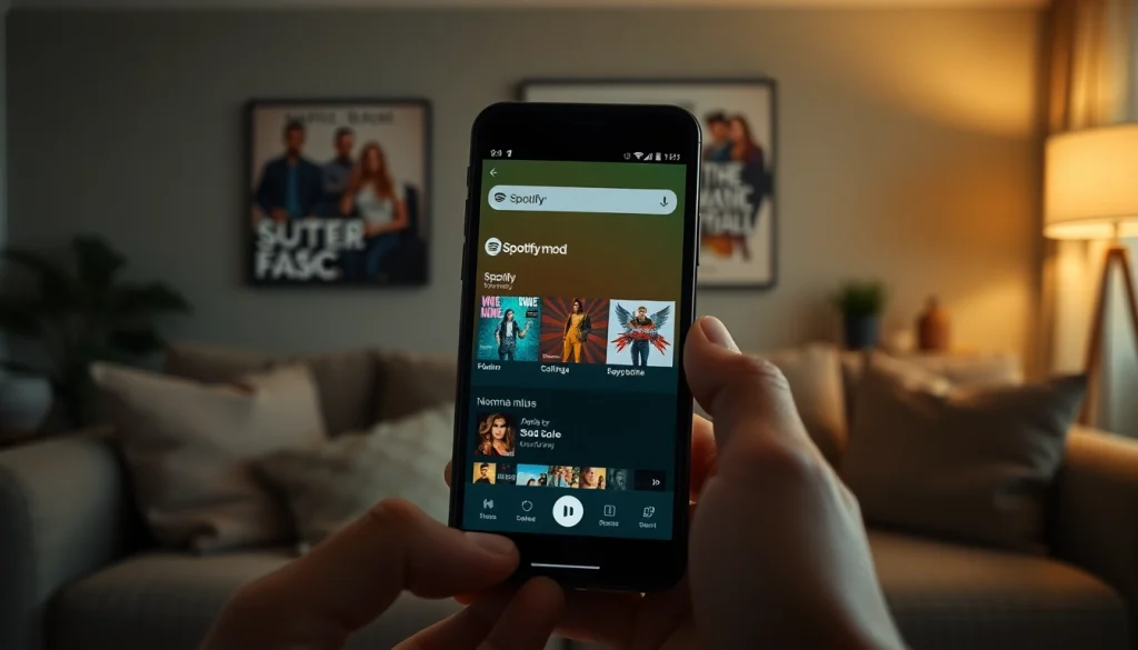 Explore the Spotify mod app interface on a smartphone showcasing ad-free music streaming.