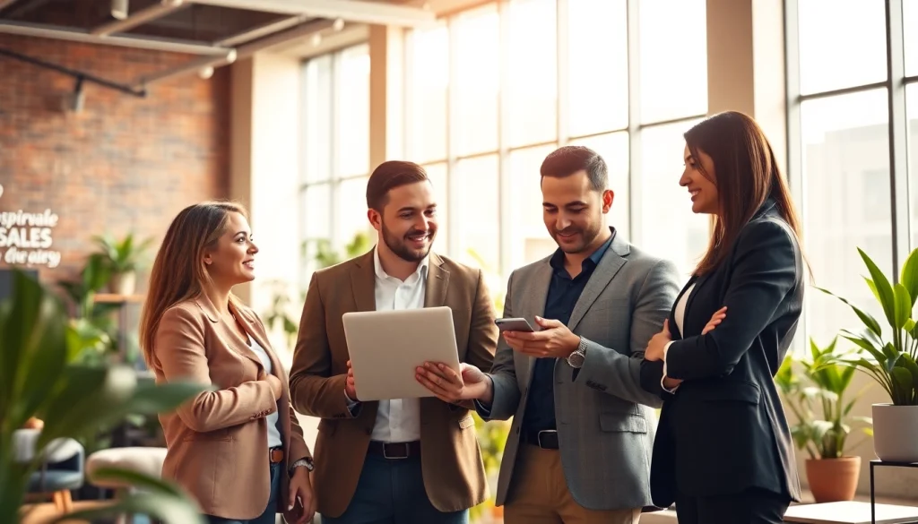 Showcase the best sales recruiting agency engaging clients in a modern office.