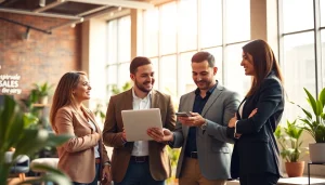 Showcase the best sales recruiting agency engaging clients in a modern office.