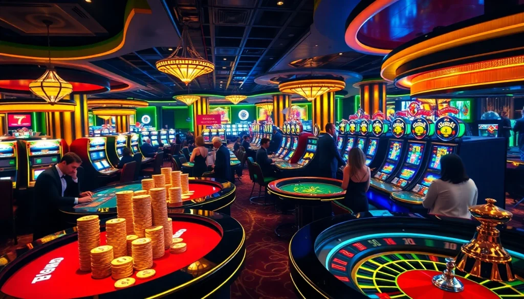 Exciting 789club gaming scene with professional dealers and vibrant casino tables.