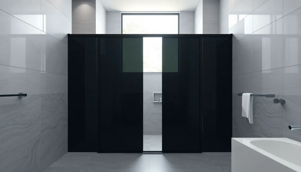 Stylish black shower sliding door enhances a contemporary bathroom decor.