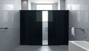 Stylish black shower sliding door enhances a contemporary bathroom decor.