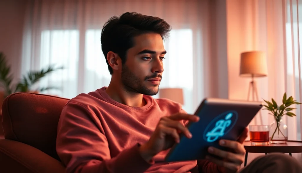 An engaging scene of ai sex chat, showcasing a user interacting with an AI chatbot on a tablet in a cozy, warm-lit room.