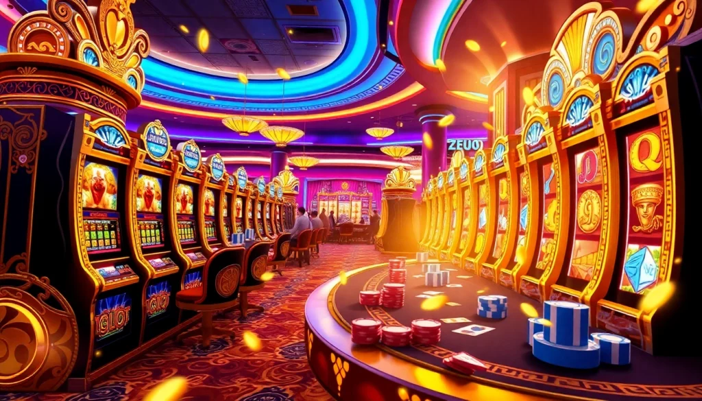 Pemain menikmati permainan 'Slot Zeus' dengan mesin yang berwarna-warni dan lampu kasino yang cerah.
