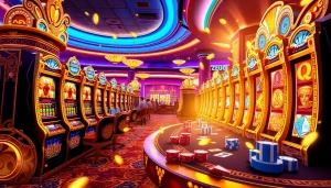 Pemain menikmati permainan 'Slot Zeus' dengan mesin yang berwarna-warni dan lampu kasino yang cerah.