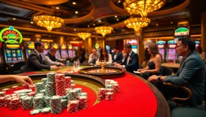 Experience the excitement of gambling at Haywin with vibrant tables, poker chips, and slot machines.