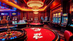 Exciting casino scene with KJC branding showcasing roulette wheels, poker tables, and slot machines.