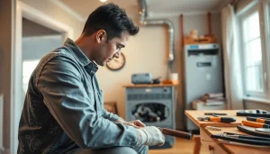 Technician conducting heating repair north salem in a well-lit home setting, showcasing skill and professionalism.