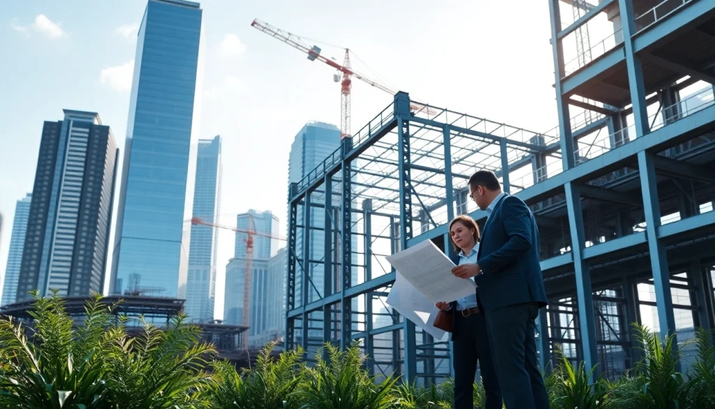 Team collaborating on steel structure design at a construction site in an urban environment.