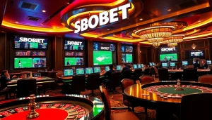 Spectators engaging in sbobet login terbaru at a vibrant sports betting area in a luxury casino.