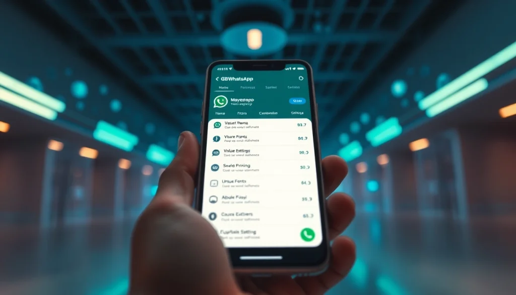 GBWhatsApp interface on a sleek smartphone showcasing advanced customization features in a modern tech environment.
