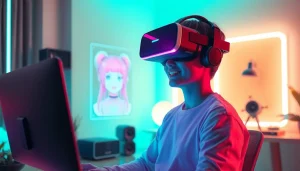 A user engaging with a free NSFW character AI in a vibrant VR setting, showcasing modern technology and interaction.