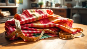 Brabantse bont ruitjes stof in verschillende kleuren op een houten tafel met meetlint voor handwerk.