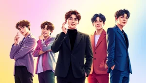 Dynamic visual of BTS members showcasing their versatility and charm through distinct poses and expressions.