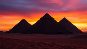 Explore the majestic piraminds under a vibrant sunset sky, highlighting their ancient grandeur.